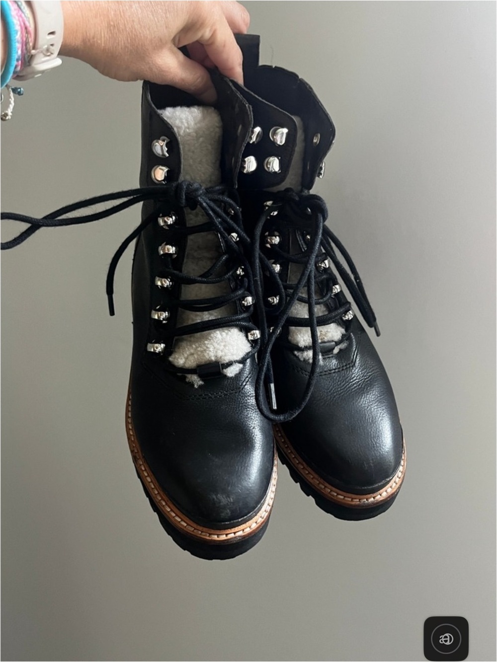 Marc Fisher Black Leather Shearling Combat Hiker Boots 6 Gorpcore Nordic Cabin - Picture 2 of 9